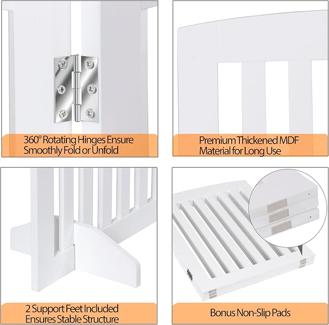 Dog Gate 61 x 24 Inch Freestanding Indoor Pet Door for House Doorways Stairs Halls, Foldable Wood Safety Fence 3 Panels, White