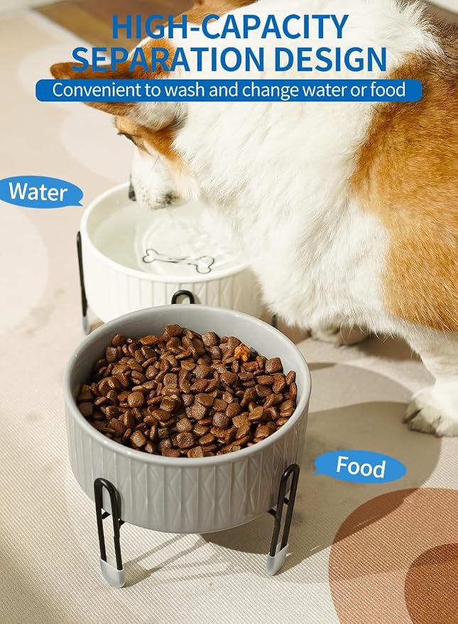 32 oz Ceramic Dog Cat Bowls with Elevated Metal Stand | 6.5 Inch Wide, 2 Heights, Round Pet Food and Water Feeder Bowl Dish, for Cats & Dogs, White & Grey