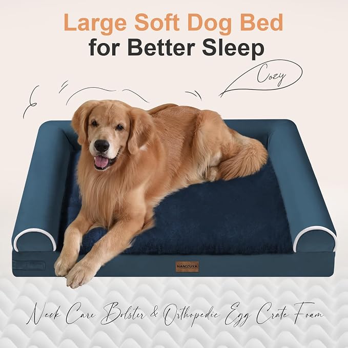 NANUYA Orthopedic Dog Bed for Medium Dogs, 30 x 20 Inch, Navy Blue | Egg crate foam for joint support, 3-sided bolster pet sofa, waterproof lining, washable cover, and non-skid base