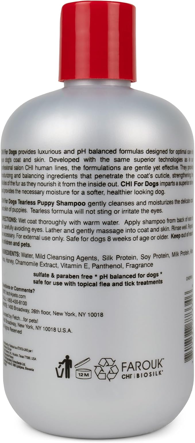 CHI for Dogs Tearless Puppy Shampoo with Silk Protein, Gentle Dog Wash for Young Coats, pH Balanced Sulfate and Paraben Free Formula, Puppies 8 Weeks+, Made in the USA, 16 Fl Oz