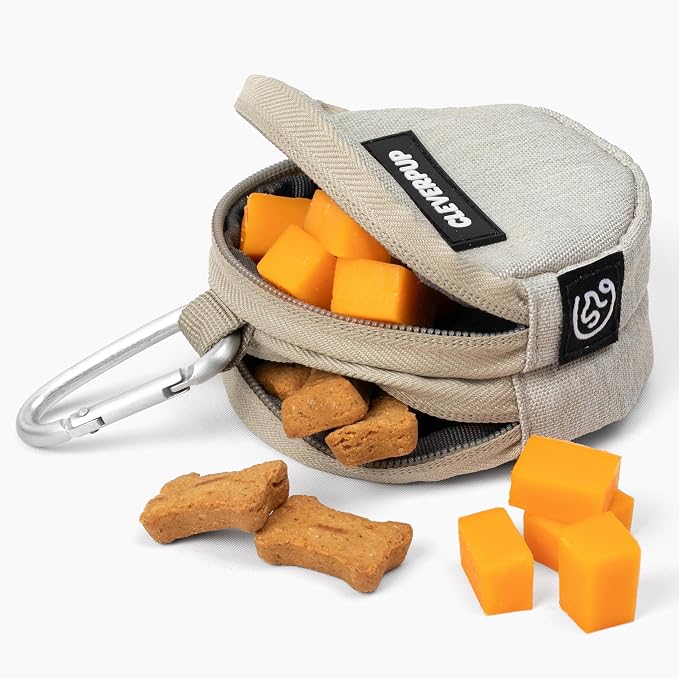 Snackpack Double Insulated Dog Treat Pouch – 1.5 Cup Capacity, 2 BPA-Free Waterproof Zipper Pockets, Carabiner for Belt/Leash – Compact Training & Travel Bag – Sand