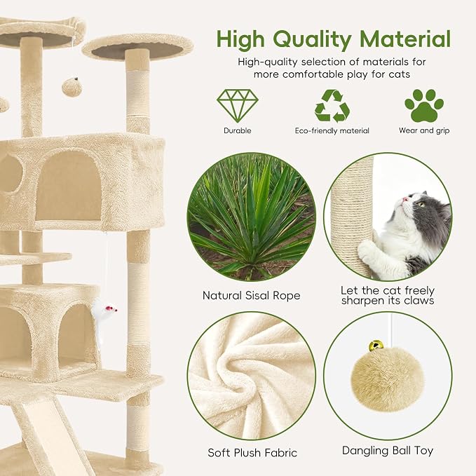 Aotaide 54in Cat Tree, Multi-Level Cat Tower,2 Cozy Caves, Scratching Posts, Climbing Ladder, Plush Balls, Durable Pet House Furniture for Indoor Kittens,Beige