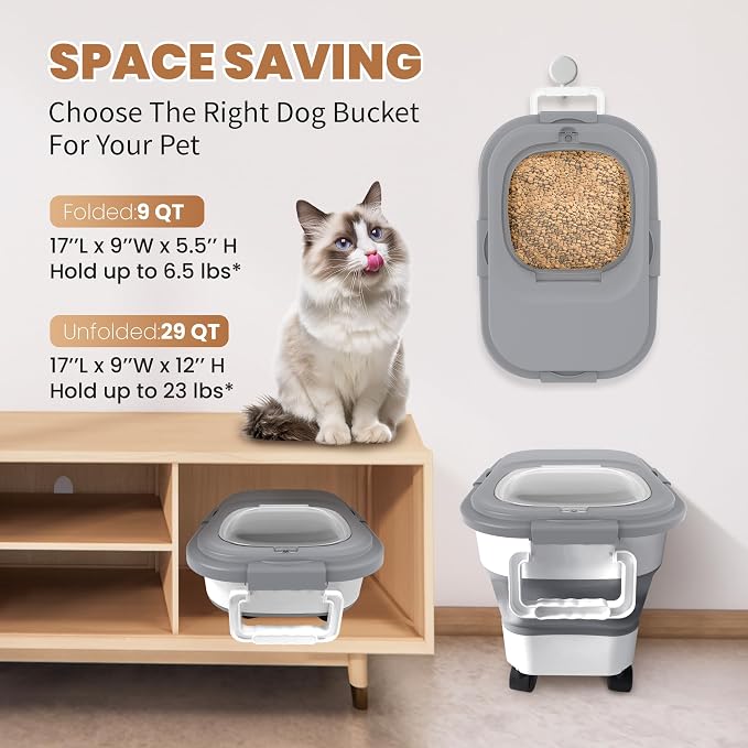 15-23Lbs Airtight Dog Food Storage Container,Collapsible Dog Food Container | Cat Food Container with Double Airtight Seal & Magnetic Lid,Large Pet Food Storage Container Wheels & Handle for Easy Moving