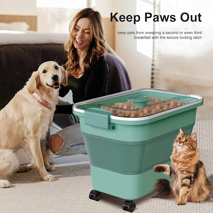 Dog Food Storage Container, 15-23 Lbs Collapsible Dog Food Container with Transparent Airtight Lid, Wheels and Scoop, Travel Pet Food Storage Container for Cat, Dog and Bird, Keep Dry Food Fresh