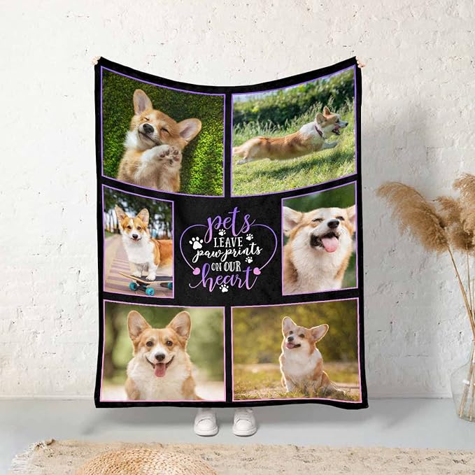 Personalized Dog Pet Memory Blankets with Beloved Photo Pet Leave Paw Prints in Our Heart Custom Loss of Loved one Memorial Blanket Gift for Dogs Cats Pets Lovers 50X60 Inch