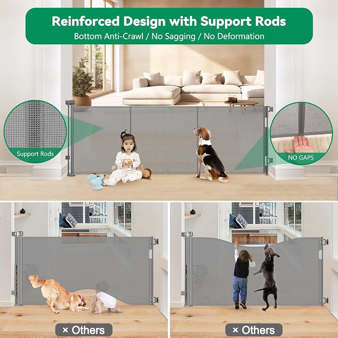 Reinforced 85" Wide Retractable Baby Gates Outdoor Retractable Dog Gate Indoor Mesh Baby Gate Retractable Pet Gate, Extra Wide Dog Gate with Support Rods – Prevent Crawling Under, Gray