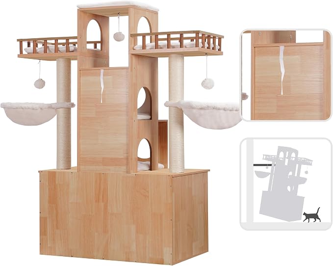 Heybly Cat Tree with Litter Box Enclosure for Indoor Big Cat HCT110WB | Cat Tower for Large Cats 20 lbs Heavy Duty, Modern Cat Condo Furniture with Scratching Posts, Walnut