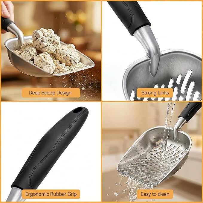Cat Litter Scoop, Large Long Handle Kitty Metal Scooper, Heavy Duty Aluminum Deep Sifter, Ergonomic Non-Slip Grip, Rustproof Durable Poop Cleaner for Cat Litter Box