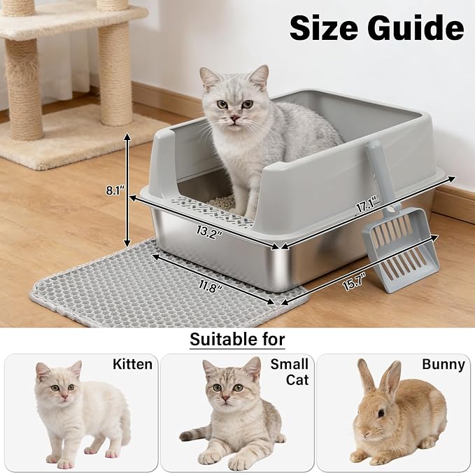 Stainless Steel Litter Box with Lid,Low Entry Cat Litter Box | Metal Kitty Litter Box for Small to Medium Cats,Non-Stick,Anti-Leakage,Easy to Clean,Include Scoop and Mat