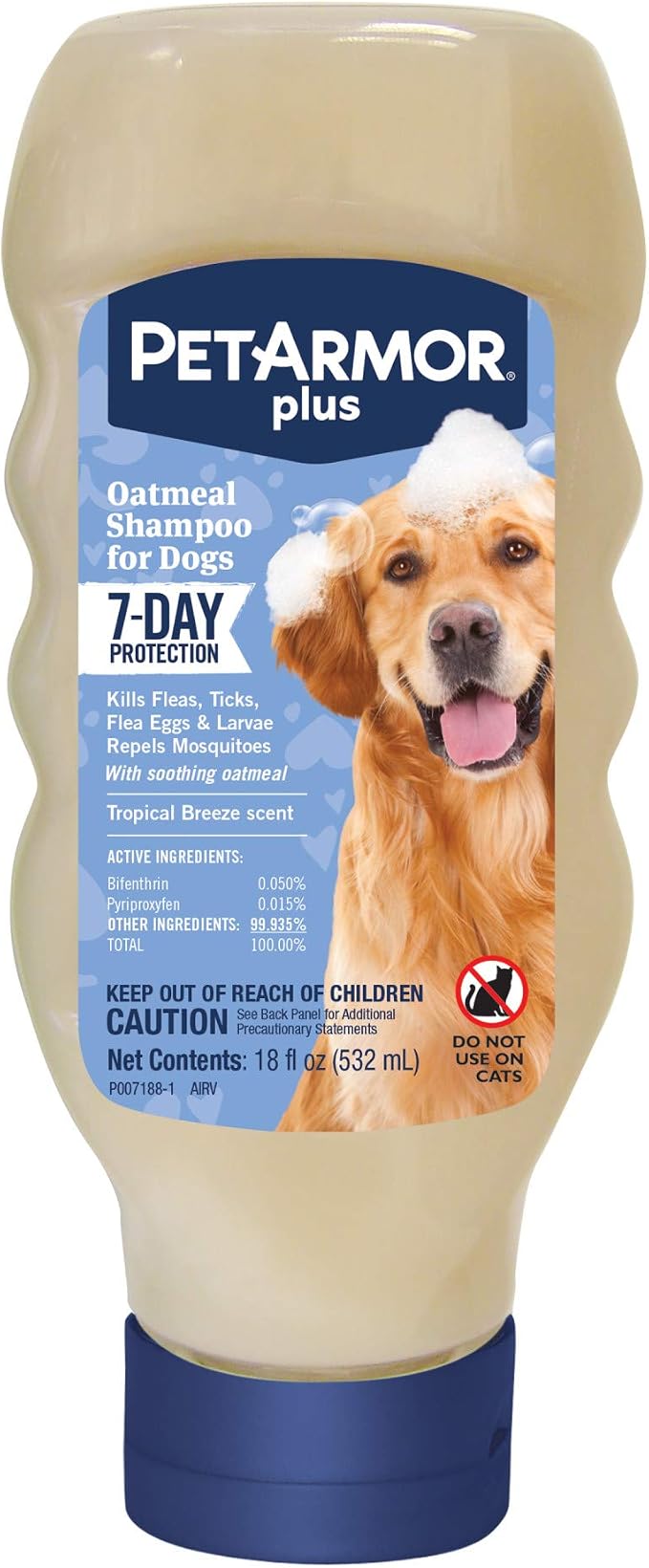 PetArmor Plus Flea & Tick Oatmeal Shampoo Dogs, 7-Day, Tropical, 18oz | Ideal for Dogs with Sensitive Skin; Kills Flea Eggs for 30 Days; not for cats; Tropical Breeze Scent