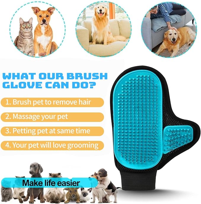 2025 Pet Grooming Glove with Tipped Pin Brush,Special Design Deshedding Glove, Perfect Petting Tool for Sensitive Dogs & Cats with Long & Medium Fur, Massage Mitt - Right-Hand - Blue