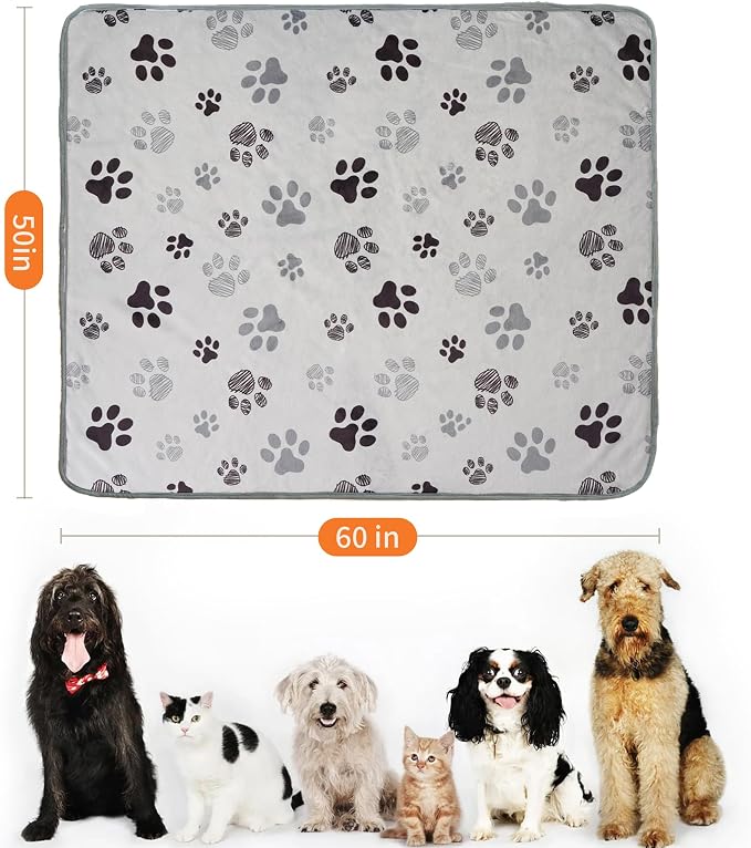 Waterproof Dog Blankets Pet Blanket 50"x60", Soft Fluffy Sofa Car Bed Protector, Reversible Sherpa Fleece Dog Blanket for Large Dogs(Light Grey-Paws)