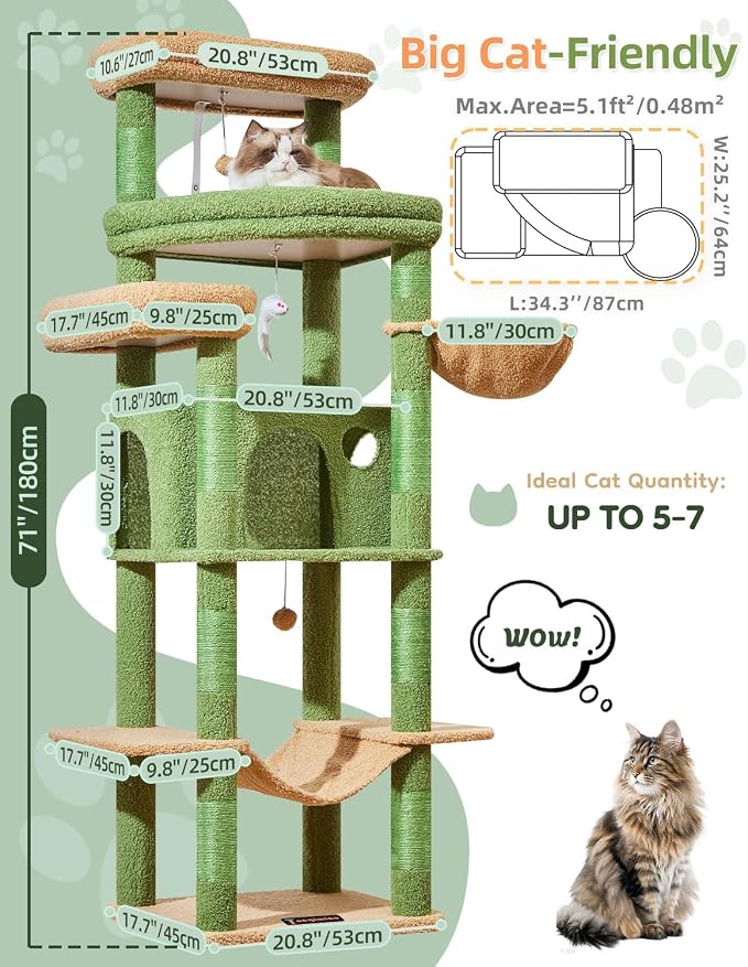 Taoqimiao Heavy-Duty Cat Tree, 71 in Cat Tower for Large Cats 20lbs+ | 3 Giant Multi-Tier Perches, Widened Cat Condo with 9 Scratching Posts, Plush Hammock & Basket, Toys, Cactus, MS034T