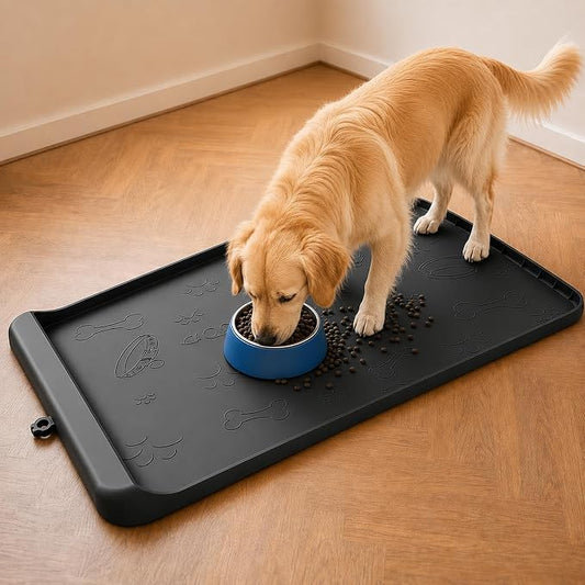 Dog Food Mat - Silicone Dog Mat for Food and Water - 36" x 24" Large Pet Feeding Mats with Residue Collection Pocket - Waterproof Cat Bowl Mat with High Edges to Prevent Water Food Spills (Black)