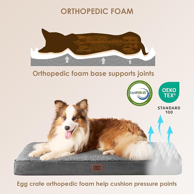 EHEYCIGA Orthopedic Dog Bed Large with Removable Washable Cover, Grey, 36IN | Egg Crate Foam Support, Durable Oxford fabric, Non-Slip Bottom, Machine Washable, Soft Waterproof Plush Pet Bed Mat For Crate
