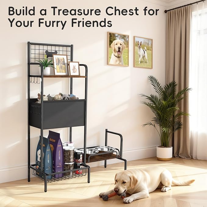 Dog Feeding Station Storage Organizer with Elevated Dog Bowl Stand | Adjustable Elevated Dog Bowl Stand, Large Toy Bin Basket, Lifted Food and Water Bowl Holder for Large Medium Small Breed