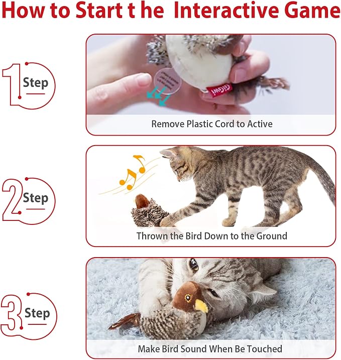 Gigwi Chirping Bird Cat Toy Set, Interactive Chasing Toy for Indoor Cat, Motion Activated Kitten Play Toys, Squeaky Cats Animal Feather Toy for All Breeds Cats Kicker