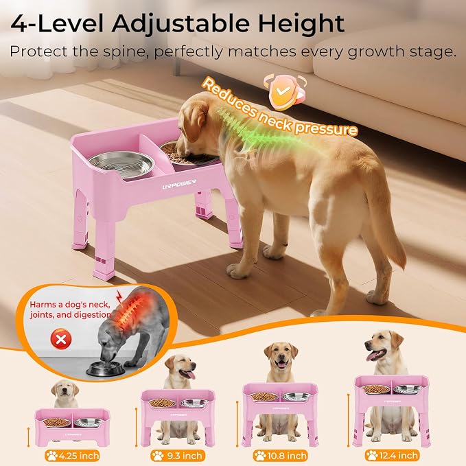 URPOWER Mess Proof Elevated Dog Bowls 4 Height Adjustable Raised Bowl Stand with 2 Stainless Steel Dog Bowls Non-Slip Food and Water Bowl Set for Small, Medium, Large Dogs, Pink