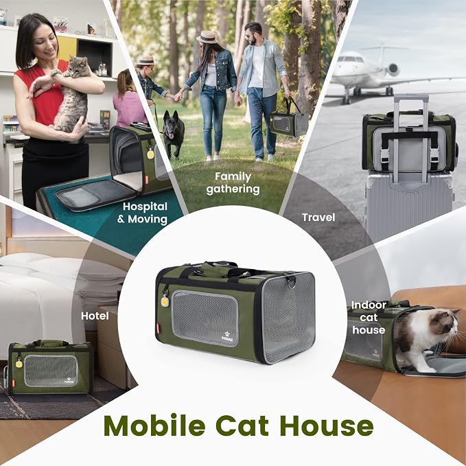 Pawaii Cat Carrier Airline Approved Expandable Breathable Safety Leash | Up to 13 lbs, 16.9 x 10.6 x 10.6 in, QR pet ID tag, top entry, luggage sleeve, soft fleece pad, foldable storage