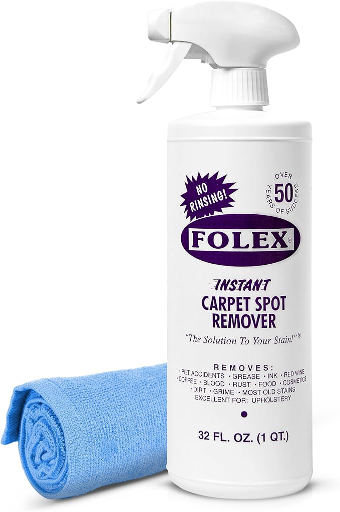 FOLEX Instant Carpet Spot Remover 32 oz – Powerful Stain Remover for Carpets, Upholstery & Rugs – Eliminates Pet Stains, Grease, Red Wine, Food, Makeup & More – With Reusable Cleaning Cloth - 1 Pack