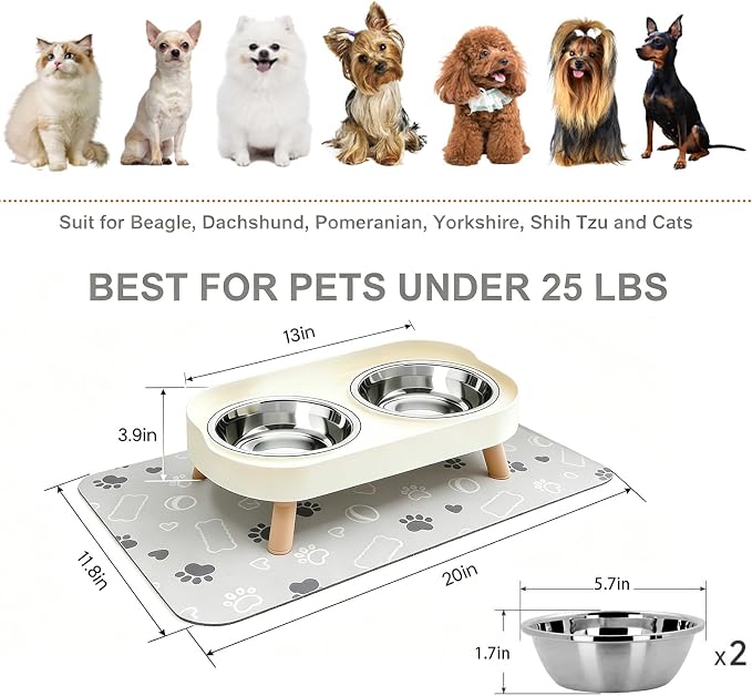 Elevated Dog Bowl, Raised Feeding Stand with Mat for Small Dogs Under 25 Lb | 2 Stainless Steel Pet Raised Bowls for Cats and Puppies, Splash Proof, Dishwasher Safe, with Stain-Resistant Quick-Dry Mat