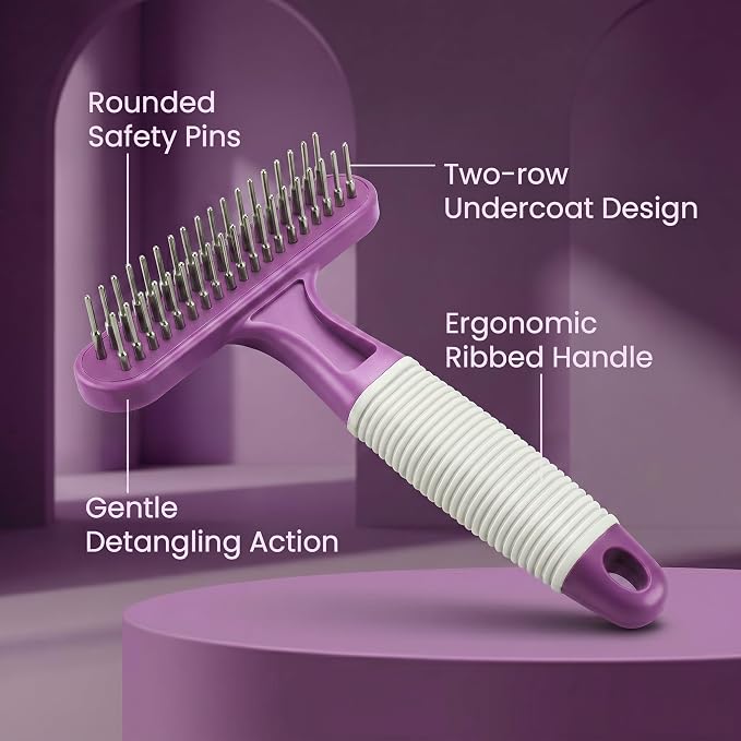 POODLIE Poodle Pet Dog Grooming Rake| Dematting Tool with Stainless Steel Shedding Comb for Pets | 2 Rows of Pins Gently Remove Loose or Tangled Hair from Undercoat | Purple Handle