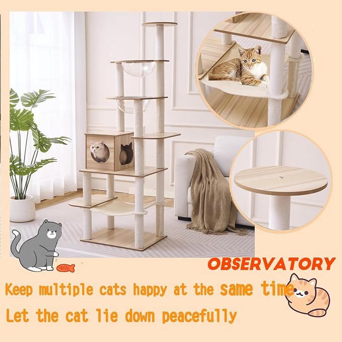 76-Inch Multi-Pure Wood-Level Cat Tree Tower with Condo, 16 Soft Plush Scratching Post,2 Space Capsule, with Cat Hammock,5-Story Perching Platform,Cat Tree for Large Cats.（1115）