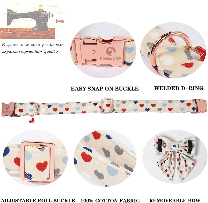 DOGWONG Dog Bow Collar Valentine's Day Dog Collar -Hearts Print Dog Collar with Bowtie Spring Dog Collars Pet Collar Bows Cute Collars,L