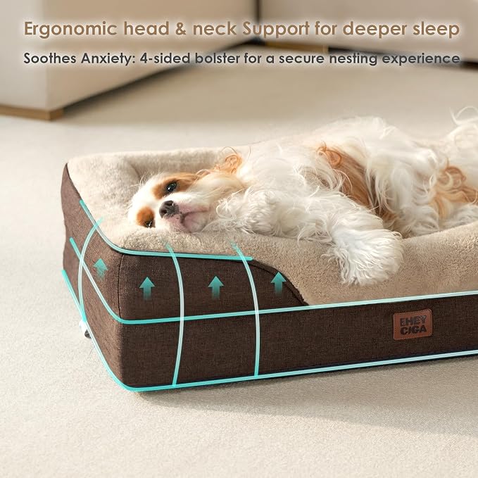 EHEYCIGA Orthopedic Dog Bed for Large Sized Dog, 41x27 Inch Large Memory Foam Dog Couch Bed with Sides, Waterproof Liner & Washable Removable Cover, Bolster Pet Sofa, Brown