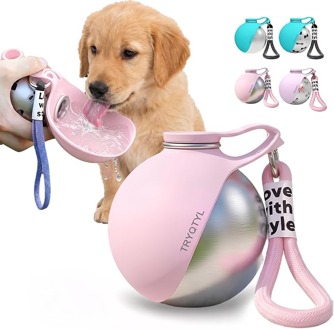 Dog Water Bottle, 10oz Stainless Steel Portable Dog Water Bottle with Foldable Silicone Bowl, 2-in-1 Portable Dog Water Bowl for Water & Food, Water Dispenser for Dogs Walking (Pink)