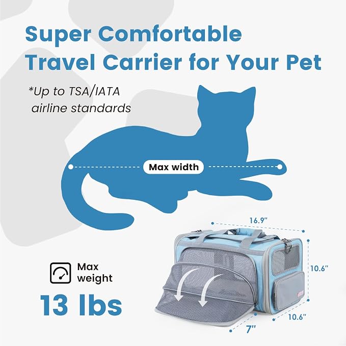 Pawaii Cat Carrier Airline Approved Expandable Breathable Safety Leash | Up to 13 lbs, 16.9 x 10.6 x 10.6 in, QR pet ID tag, top entry, luggage sleeve, soft fleece pad, foldable storage