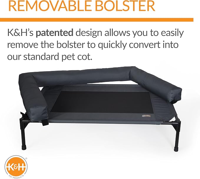 K&H Pet Products Bolster Dog Cot Cooling Indoor/Outdoor Elevated Dog Bed Hammock with Removable Bolster, Washable Mesh Cover, Raised Camping Bed for Medium Pets - Charcoal Medium 32" X 25"