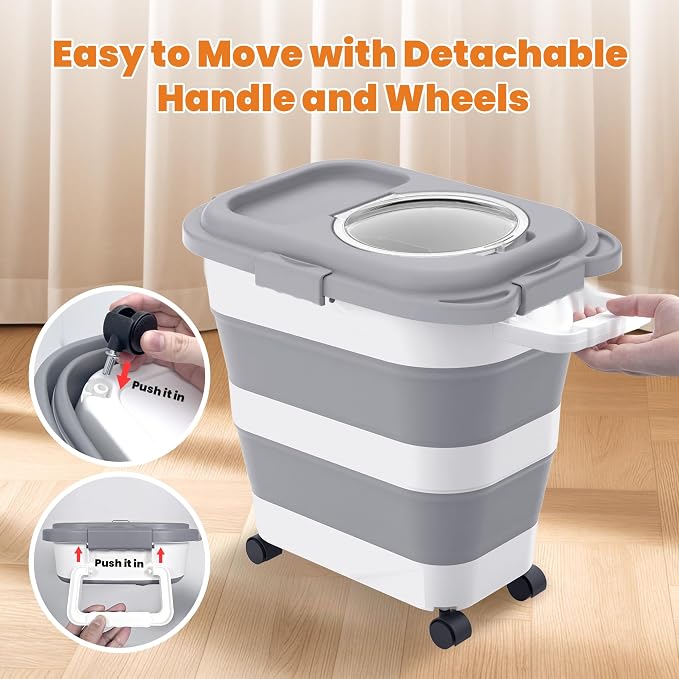 HOYTAMDAR 25-28lb Collapsible Dog Food Storage Container,Dog Food Container | Pet Food Storage Container with Airtight Lid,Wheels,Handle,Measuring Scoop&Small Container For Dog Cat Bird Seed