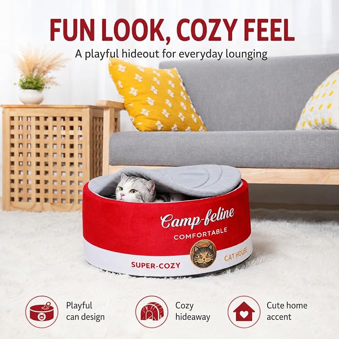 PECHVINO Can-Shaped Cat Bed – Ramen Bowl Cat Bed with Cover | Cute Enclosed Bed with Ultra-Soft Cushion, Private & Cozy Design for Cats & Small Dogs