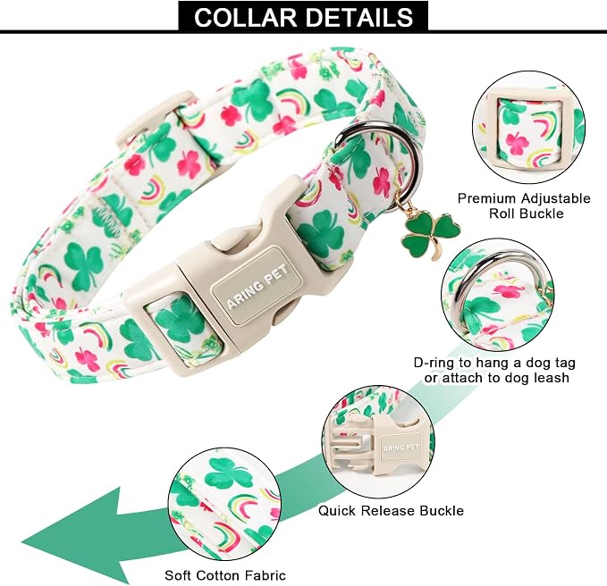 ARING PET St Patrick's Day Dog Collar, Cute White Green Clover Shamrock Rainbow Pink Floral Puppy Pet Collars for Small Medium Large Boy Girl Dogs-S