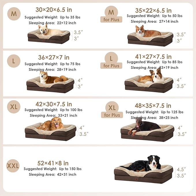 EHEYCIGA Orthopedic Dog Bed for Medium Dog, 35x22 Inch Memory Foam Dog Couch Bed with Sides, Waterproof Liner & Washable Removable Cover, Bolster Pet Sofa, Brown