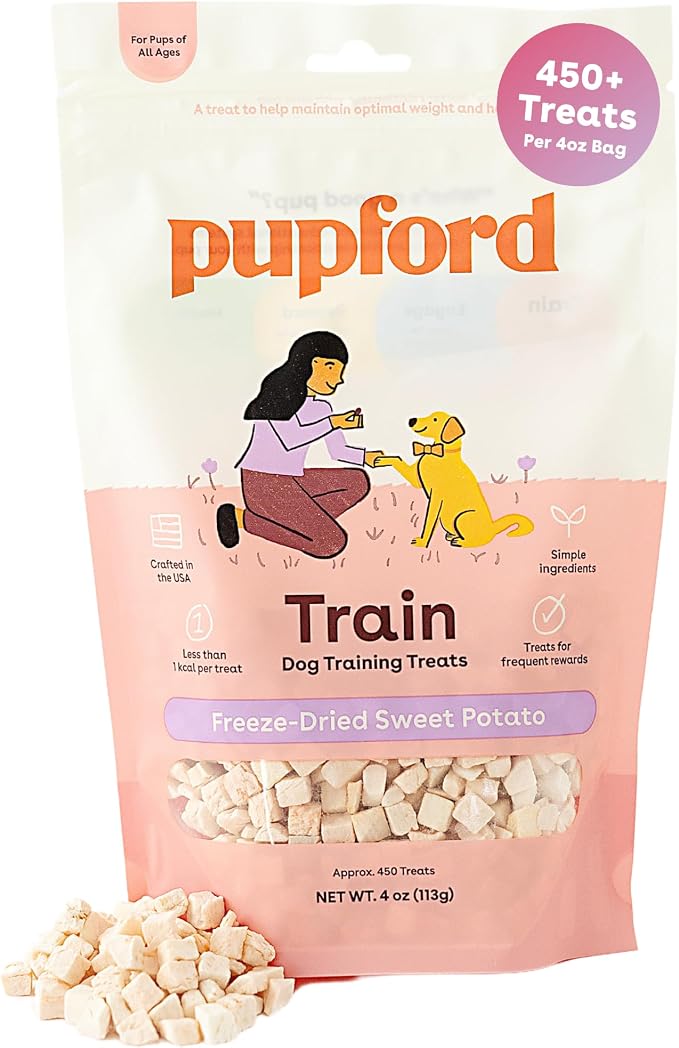 Pupford Freeze Dried Dog & Puppy Training Treats (Sweet Potato, 4 oz) | 450+ treats per bag, Ultra low-calorie, Only 1 ingredient, All breed sizes, Mess free and bite sized, Trainer recommended