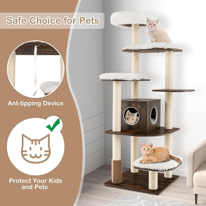 Tall Cat Tree for Indoor Cats, 71 Inches Multi-Level Modern Cat Tower with Plush Perch, Cozy Condo, Platforms, Sisal Scratching Posts, EVA Massage Comb & Removable Cushions (Brown)