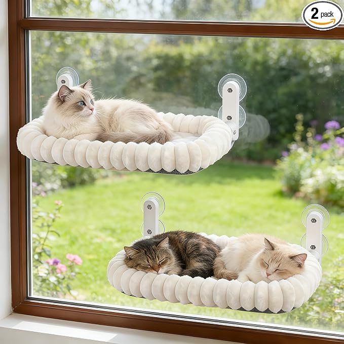 Zoratoo 2PC Cloud-Cuddle Cat Window Perch, Foldable Cat Hammock, L White | 2-in-1 Reversible Cover, Removable for Machine Wash, Stable Window Resting Seat with Large Suction Cups for Indoor Cats