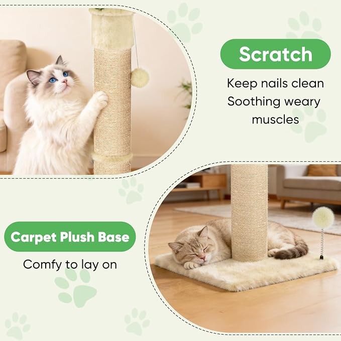 XiaZ Cat Scratching Post 34'' Tall, HeavyDuty and Thicker Cat Tower Scratcher with 2 Interactive Toy Balls, Premium Natural Sisal & Plush Fabric for Small, Medium Large Cats (Beige, 4.5in)