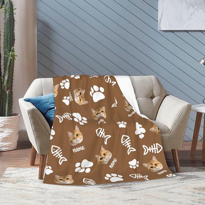 Nxwdwqa Personalized Cat Face Blanket Throws with Photos, Custom Pet Face Blanket, Cat Gifts for Pet Lovers, Customized Puppy Blanket for Adult Kid Birthday Christmas Fathers Mothers Valentines Gift