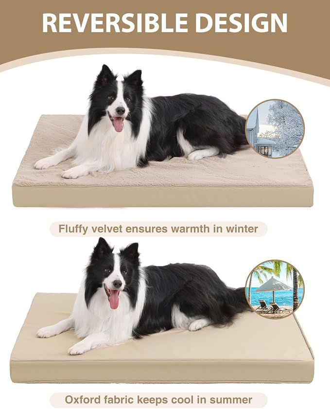 KSIIA Orthopedic Dog Bed for Extra Large Dogs with Waterproof, Khaki, 47x29 | Deluxe Soft Plush Dog Crate Bed, Washable Pet Mat with Removable Cover & Egg Crate Foam for Extra Large Dogs Sleeping