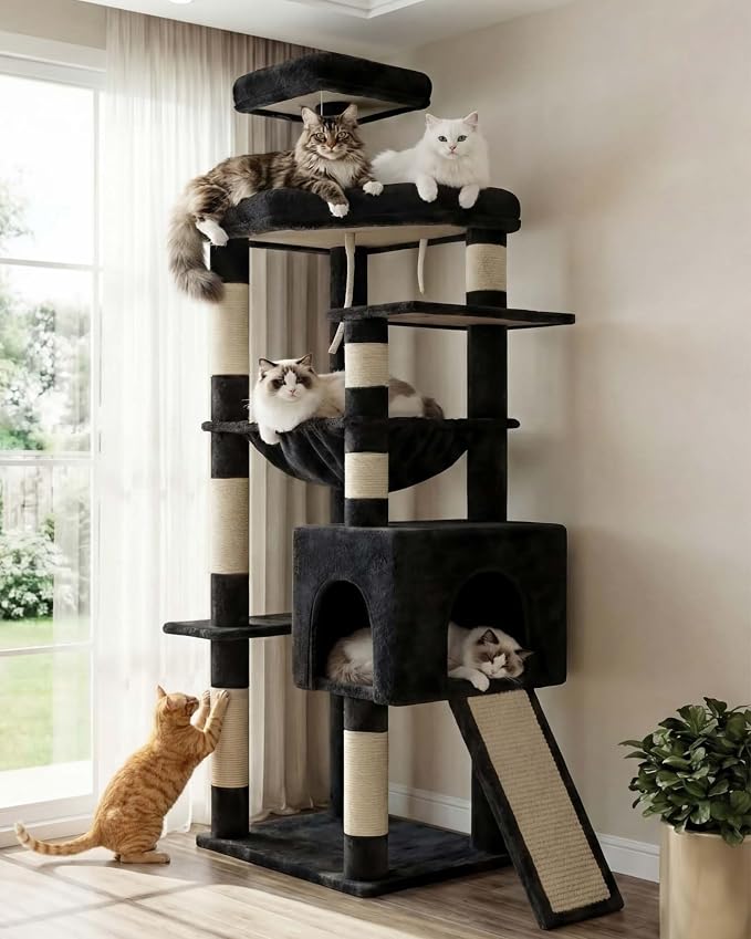 Heybly 64.2" Heavy-Duty Cat Tree for Large Cats with Wide Base HCT027G | Indoor Cat Tower with Scratching Posts & Board, Cat Furniture with Big Platforms, Extra-Large Hammock, Smoky Gray