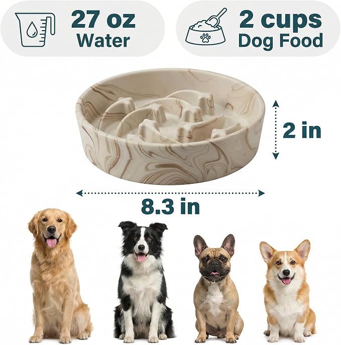 Stoneware Slow Feeder Dog Bowls Large Breed, 2 Cups Slow Eating Dog Bowl with Marble Pattern Design, Weighted Anti Gulping Food Bowl, Non Slip Puzzle Maze Pet Dishes for Fast Eaters, 8.3 inch