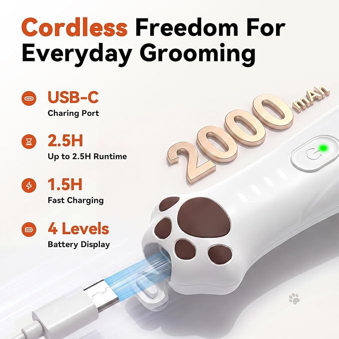 4-in-1 Dog Clippers for Grooming Kit - 45dB Quiet 150-Min Run Non-Slip Grip | Cordless Rechargeable IPX7 Waterproof Hair Paw Trimmer & Nail Grinder Pet Shaver at Home Razor for Dog & Cat, White Veeconn