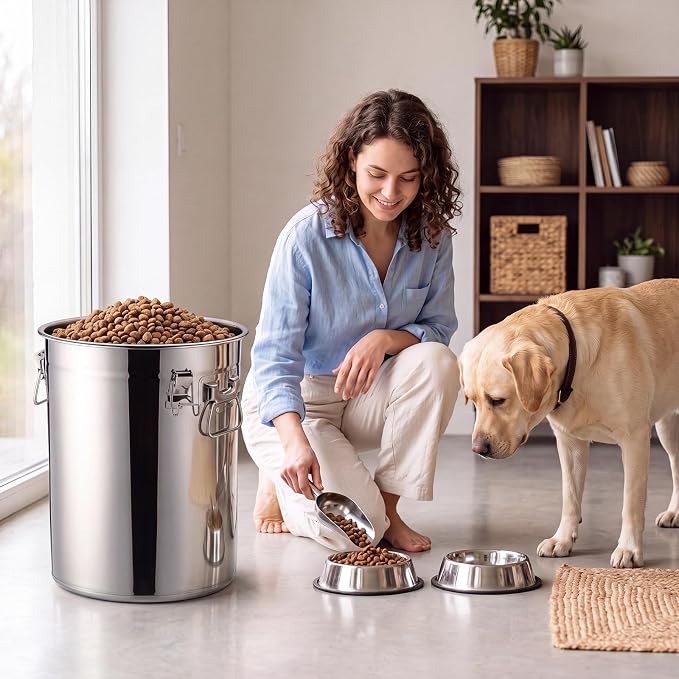 25 lb Stainless Steel Dog Food Storage Container | with Silicone Airtight Lid, Scoop. Easy to Clean Metal Pet Dog Cat Food Storage Container Keep Fresh