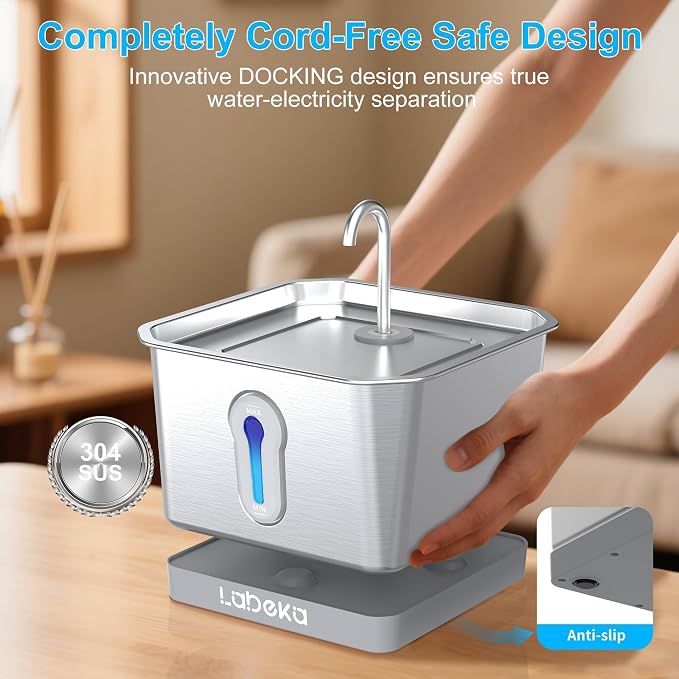 135oz/4L Wireless Cat Water Fountain, [304 Stainless Steel]&[Water and Electricity Separation Safety Design], Pet Fountain for Cats Inside, Easy to Clean for Cats and Dogs (Silver+2Filters)
