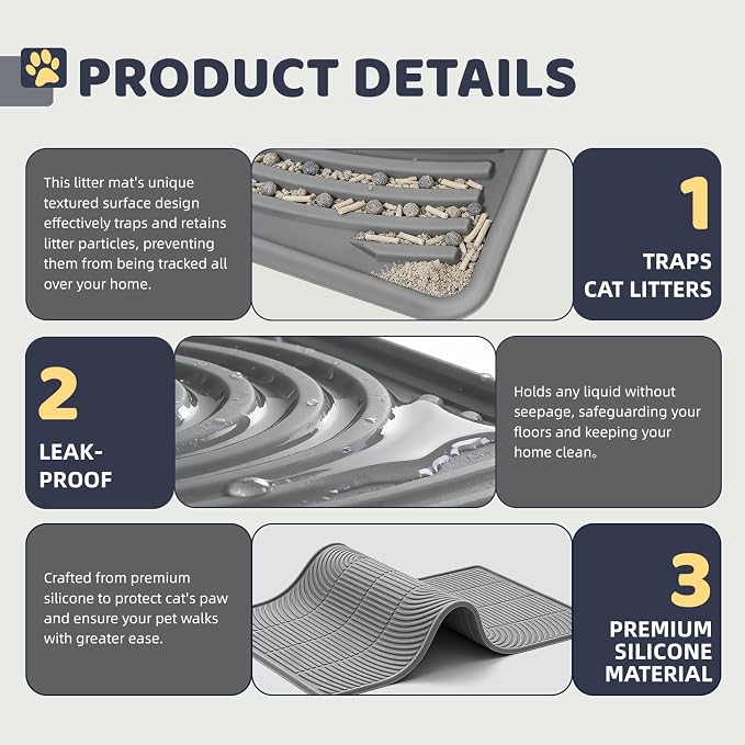 Cat Litter Mat 40"x28" - Soft Silicone & Leak-Proof Large Litter Mat, Non-Slip Cat Litter Trapping Mat for Multiple Cats, Easy to Clean & Durable for All Types (Gray)