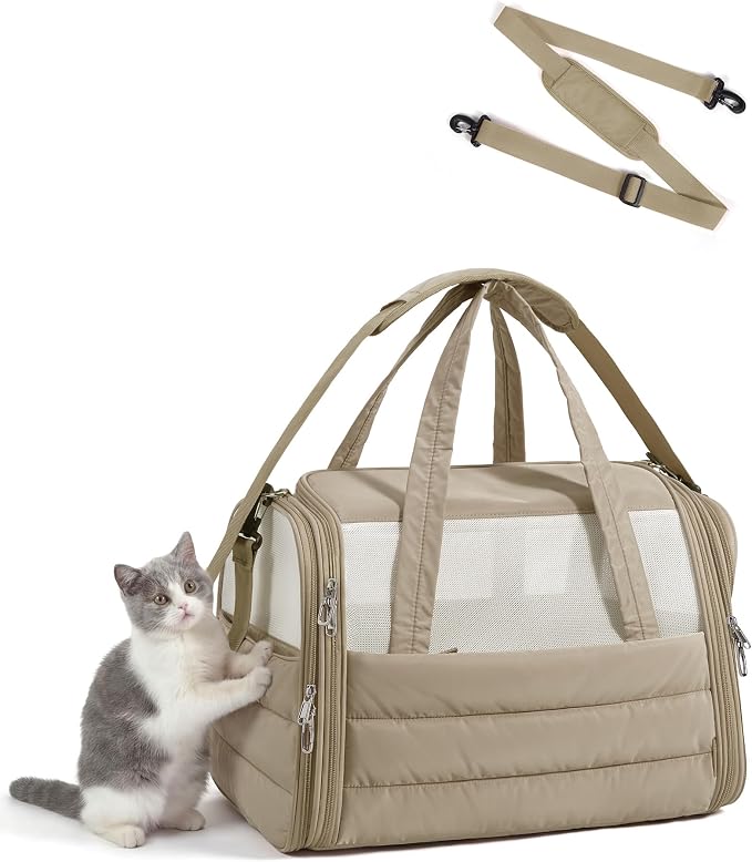 BAGSMART Cat Carrier: Soft-Sided Pet Carrier for Small Medium Cats Dogs Puppy Quilted Collapsible Puffy Travel Bag Up to 25 Lbs Brown