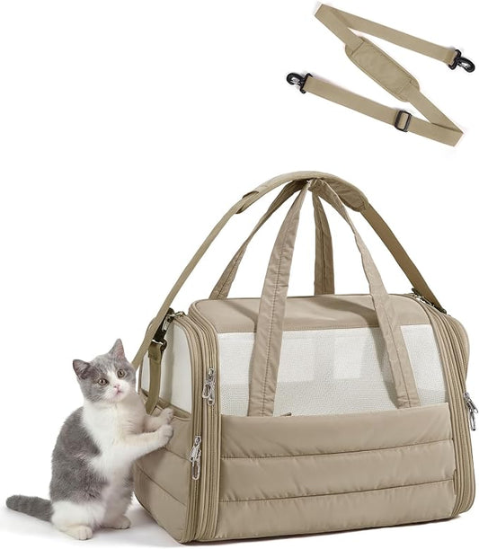 BAGSMART Cat Carrier: Soft-Sided Pet Carrier for Small Medium Cats Dogs Puppy Quilted Collapsible Puffy Travel Bag Up to 25 Lbs Brown